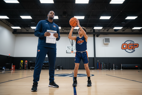 OGP coach standing beside youth basketball player at free-throw line, coach holding clipboard with drill progression chart, player in shooting form