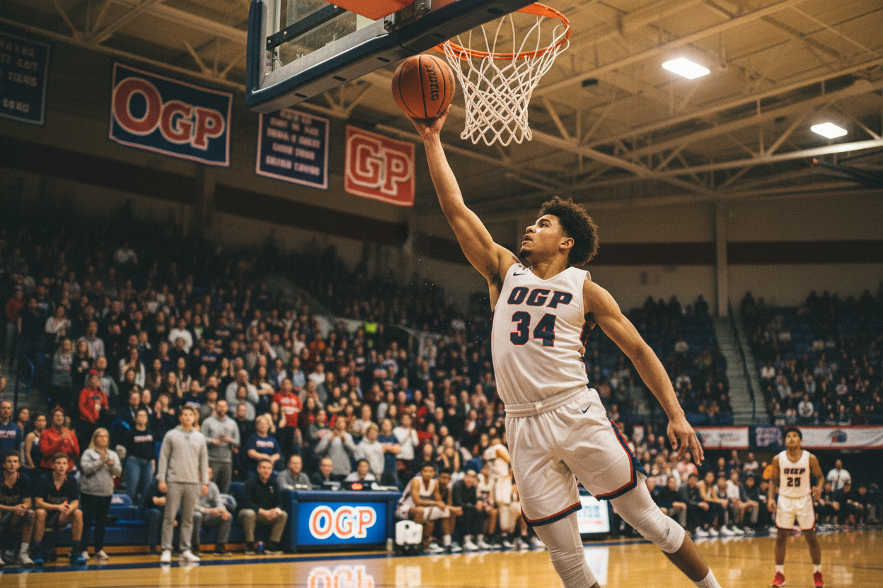 High school basketball player mid-air on fastbreak dunk in packed tournament gym with OGP banners in background