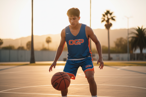 Youth basketball guard performing between-the-legs dribble on outdoor court at golden hour with OGP branding
