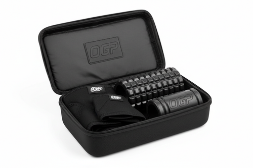 Premium black nylon carrying case open revealing neatly folded black compression sleeves and high-density foam roller on white background